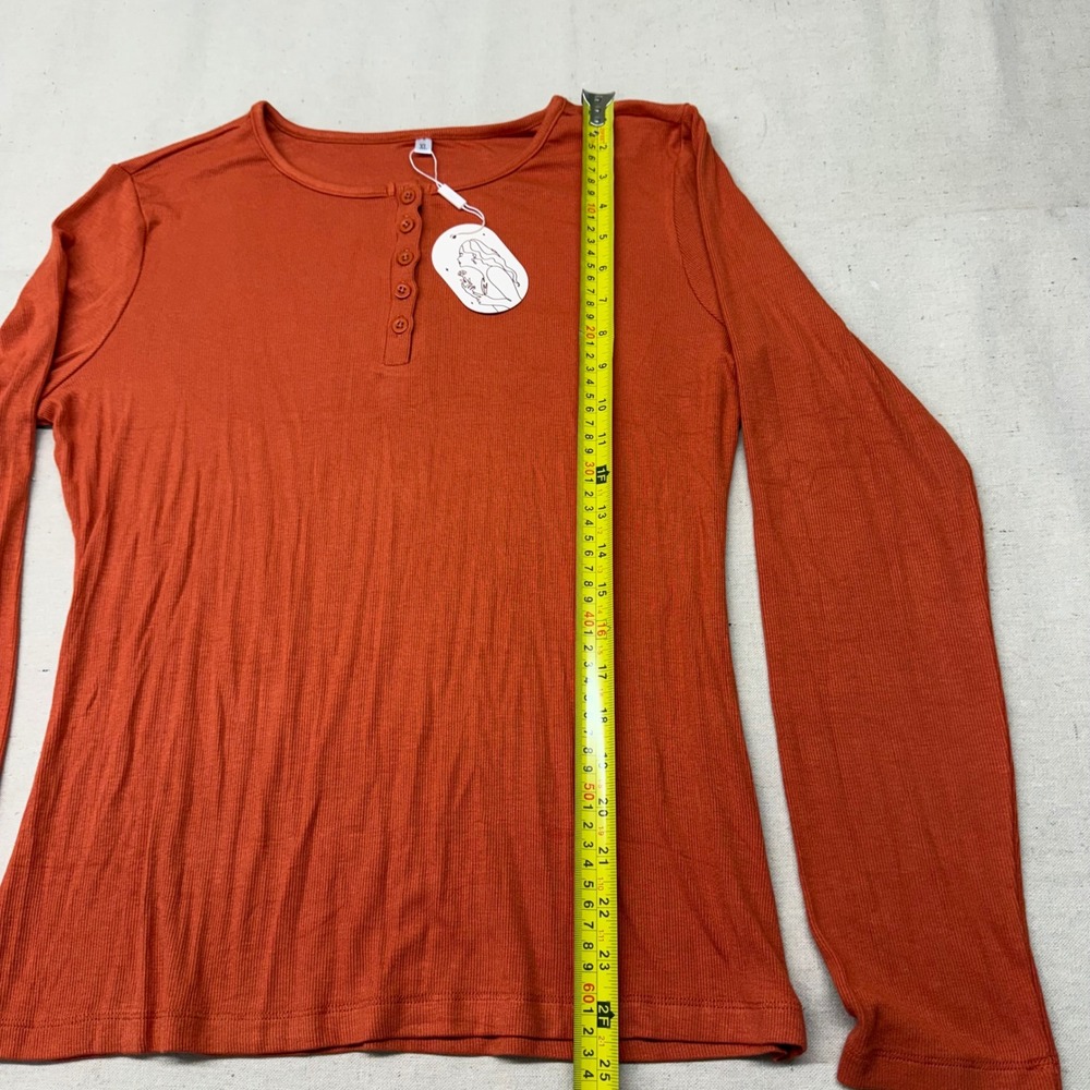Womens Burnt Orange Ribbed Long Sleeve Henley Top XL HF-000034 - Picture 4 of 11